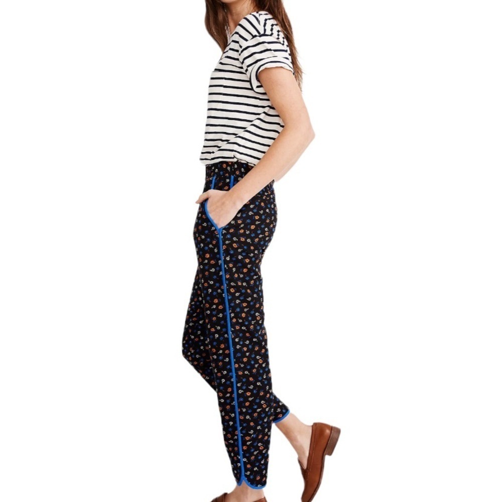Madewell Prairie Posies Black Floral Cobalt Blue Piping Track Trousers - Picture 1 of 11